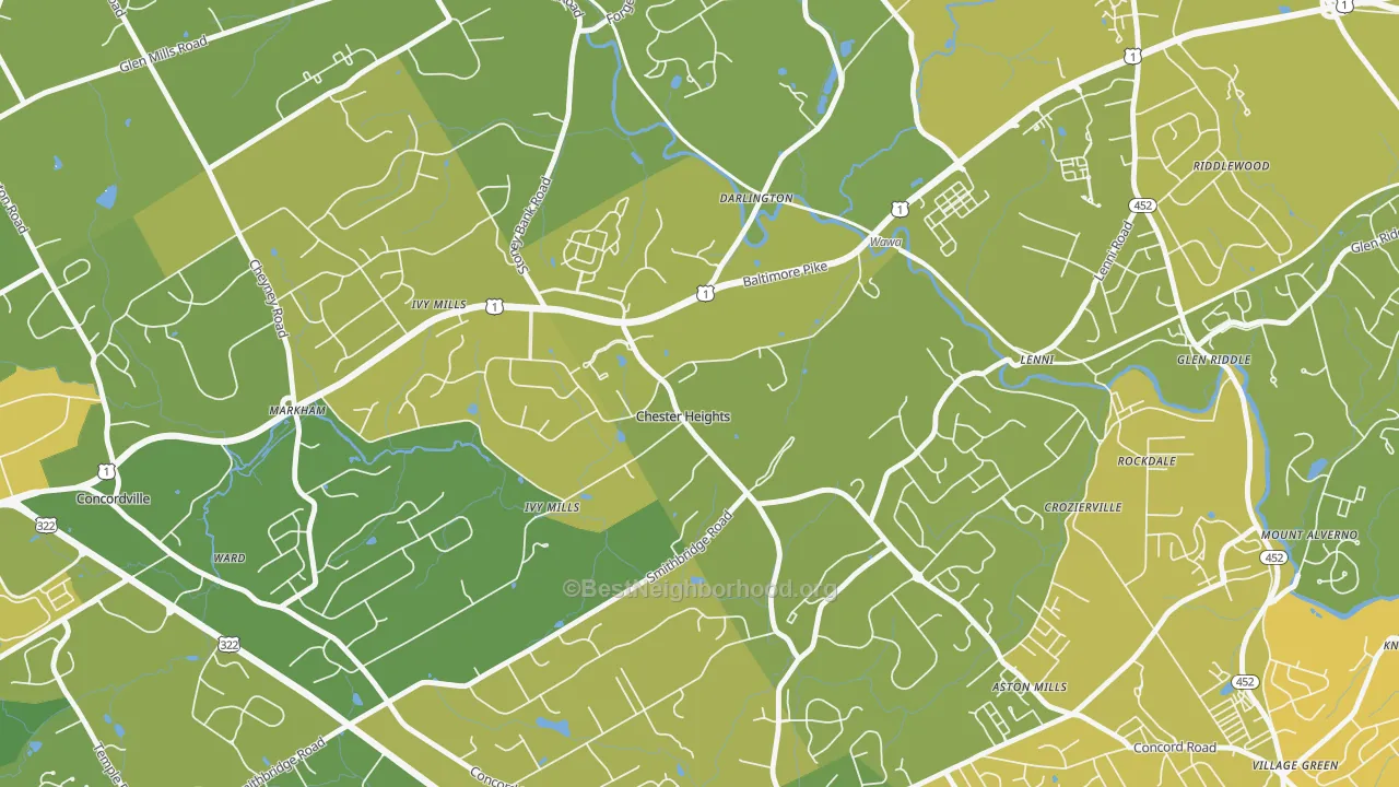 Map of the best neighborhoods in the Chester Heights area, with better matches in green and worse matches in red