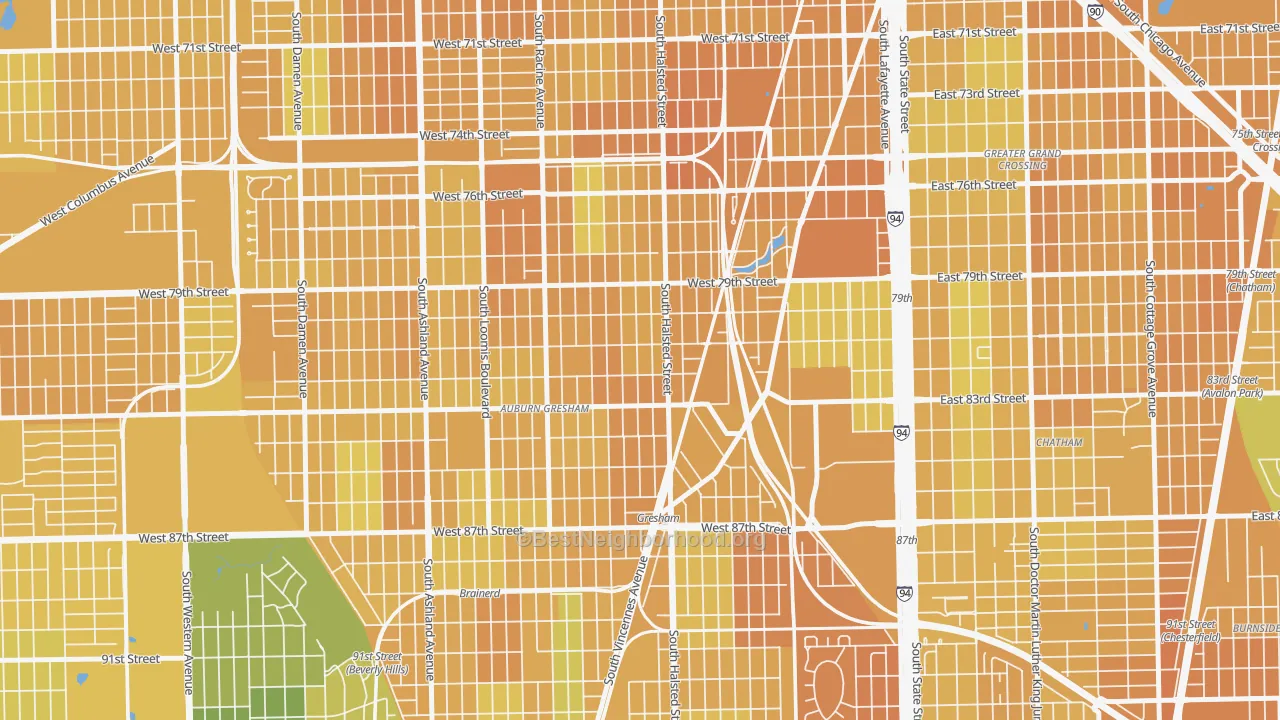 Map of the best neighborhoods in the Chester Highlands, Chicago area, with better matches in green and worse matches in red