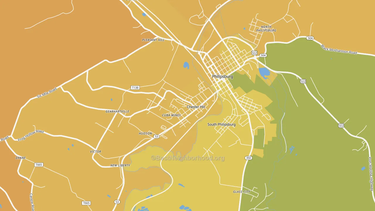 Map of the best neighborhoods in the Chester Hill area, with better matches in green and worse matches in red
