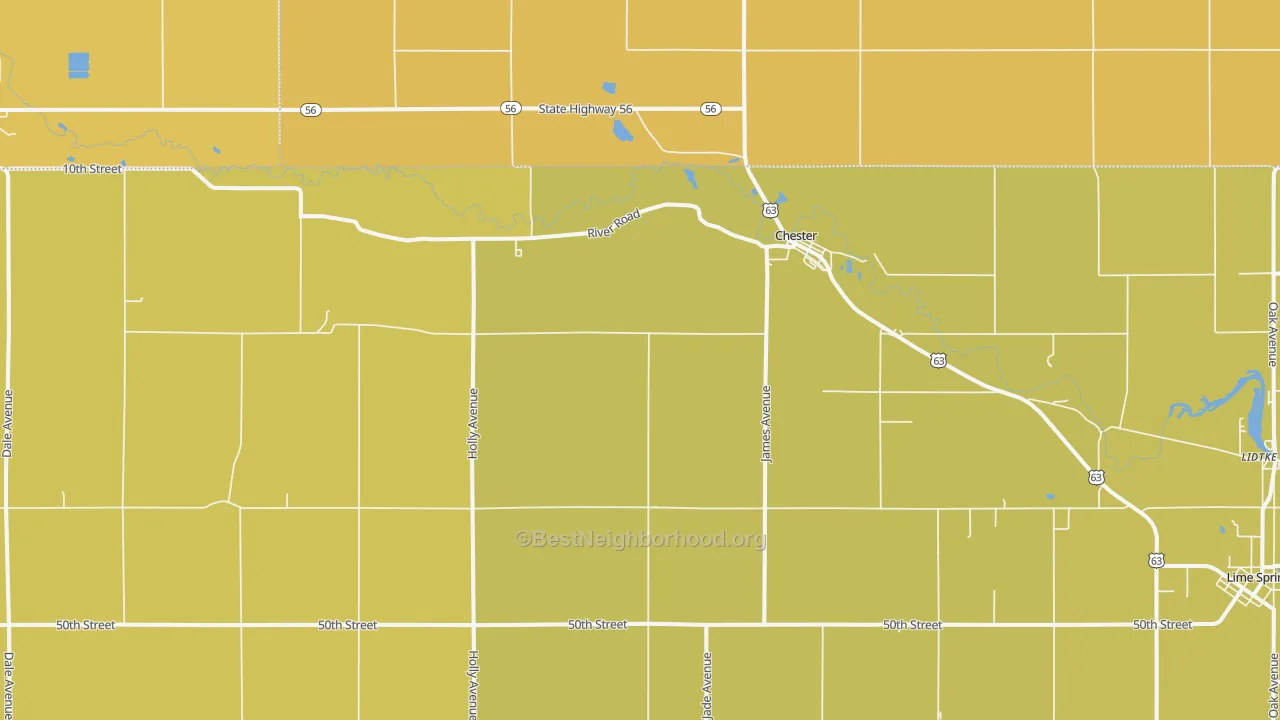 Map of the best neighborhoods in the Chester area, with better matches in green and worse matches in red