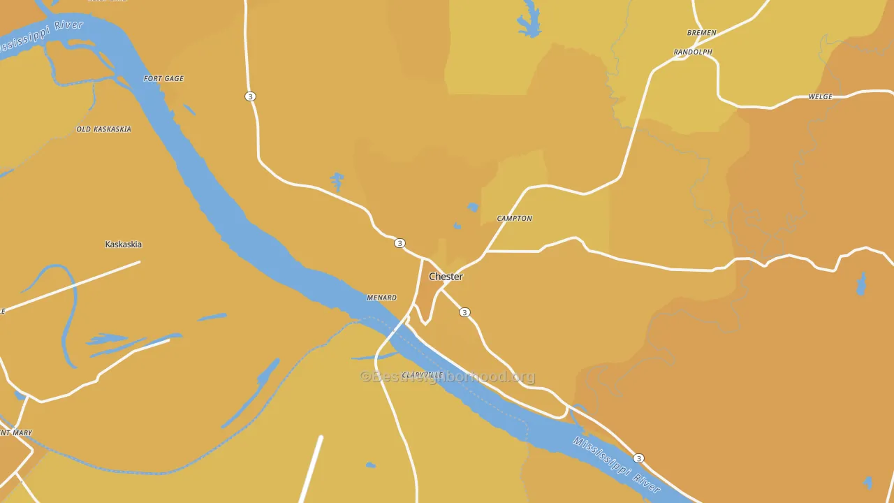 Map of the best neighborhoods in the Chester area, with better matches in green and worse matches in red