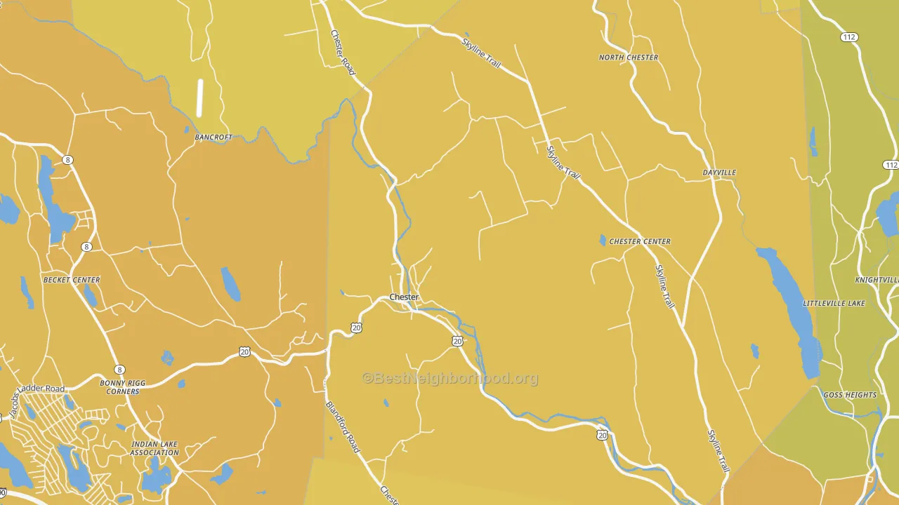 Map of the best neighborhoods in the Chester area, with better matches in green and worse matches in red