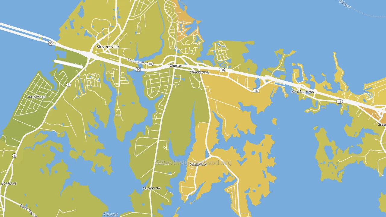 Map of the best neighborhoods in the Chester area, with better matches in green and worse matches in red