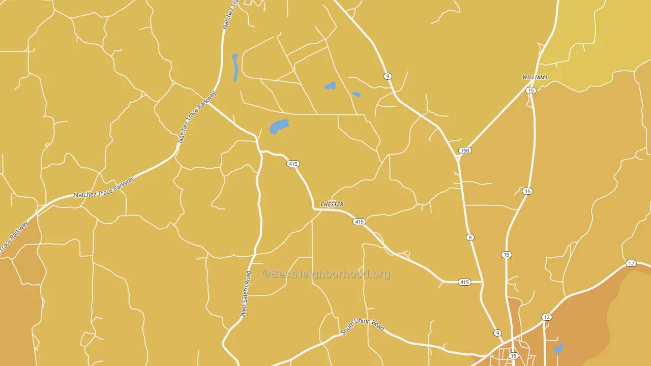 Map of the best neighborhoods in the Chester area, with better matches in green and worse matches in red