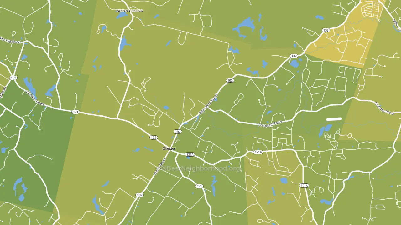Map of the best neighborhoods in the Chester area, with better matches in green and worse matches in red