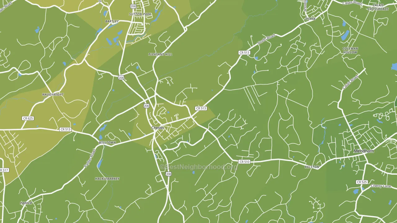 Map of the best neighborhoods in the Chester area, with better matches in green and worse matches in red