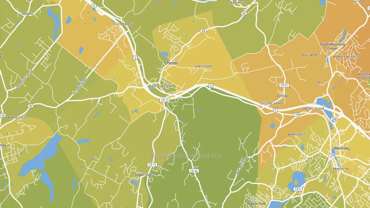 Map of the best neighborhoods in the Chester area, with better matches in green and worse matches in red