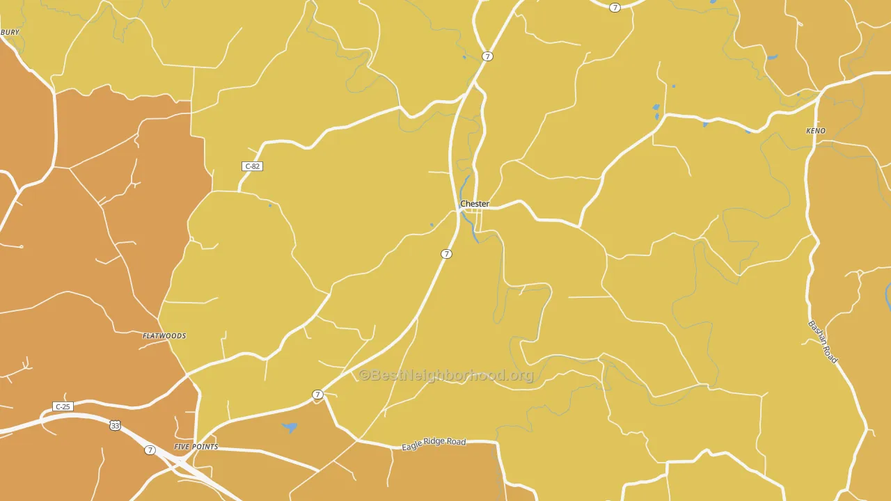 Map of the best neighborhoods in the Chester area, with better matches in green and worse matches in red
