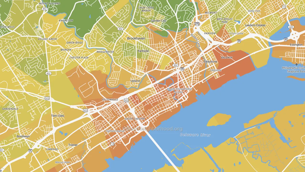 Map of the best neighborhoods in the Chester area, with better matches in green and worse matches in red