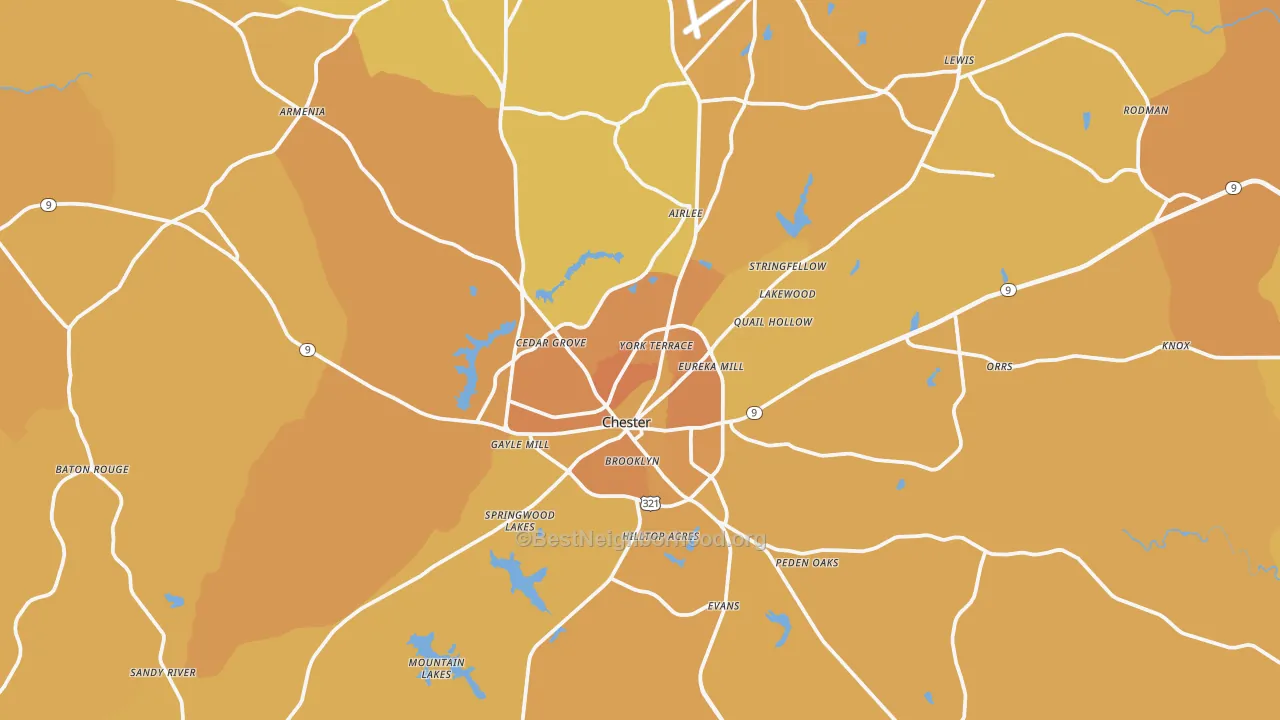 Map of the best neighborhoods in the Chester area, with better matches in green and worse matches in red