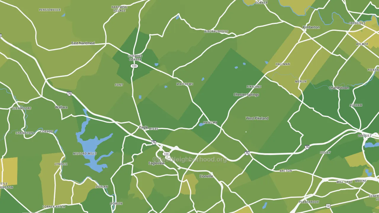 Map of the best neighborhoods in the Chester Springs area, with better matches in green and worse matches in red