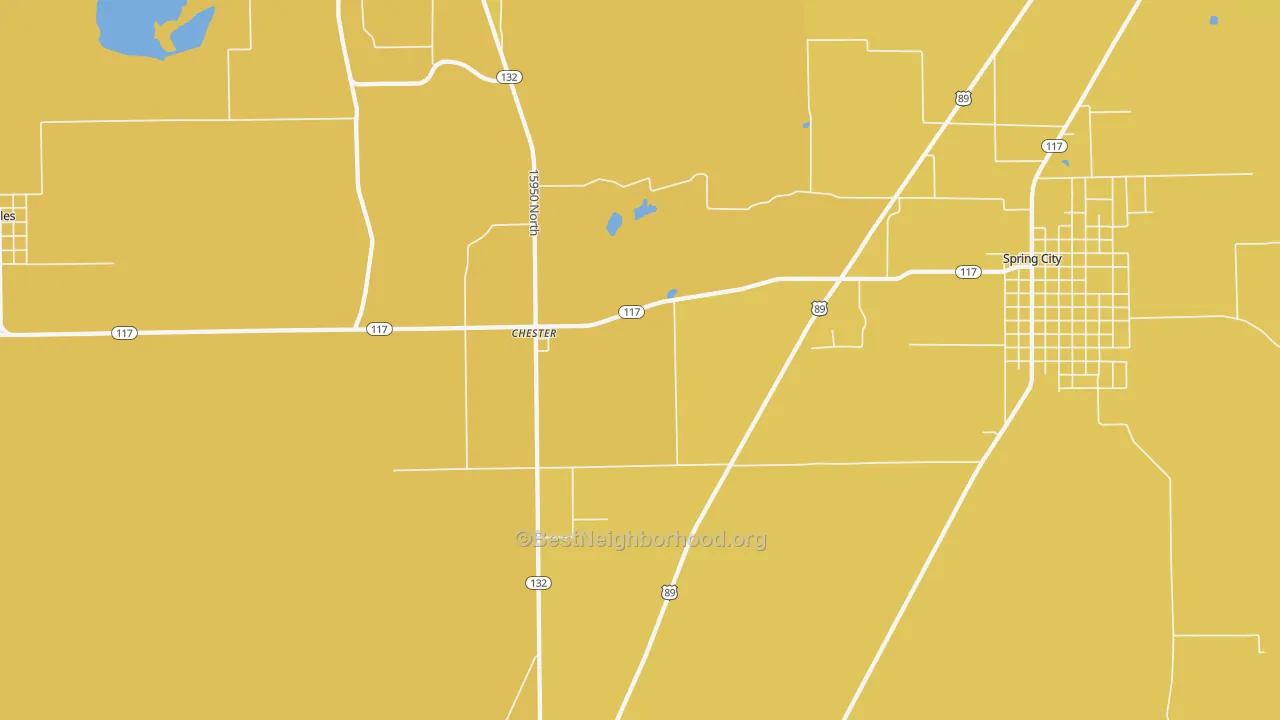 Map of the best neighborhoods in the Chester area, with better matches in green and worse matches in red