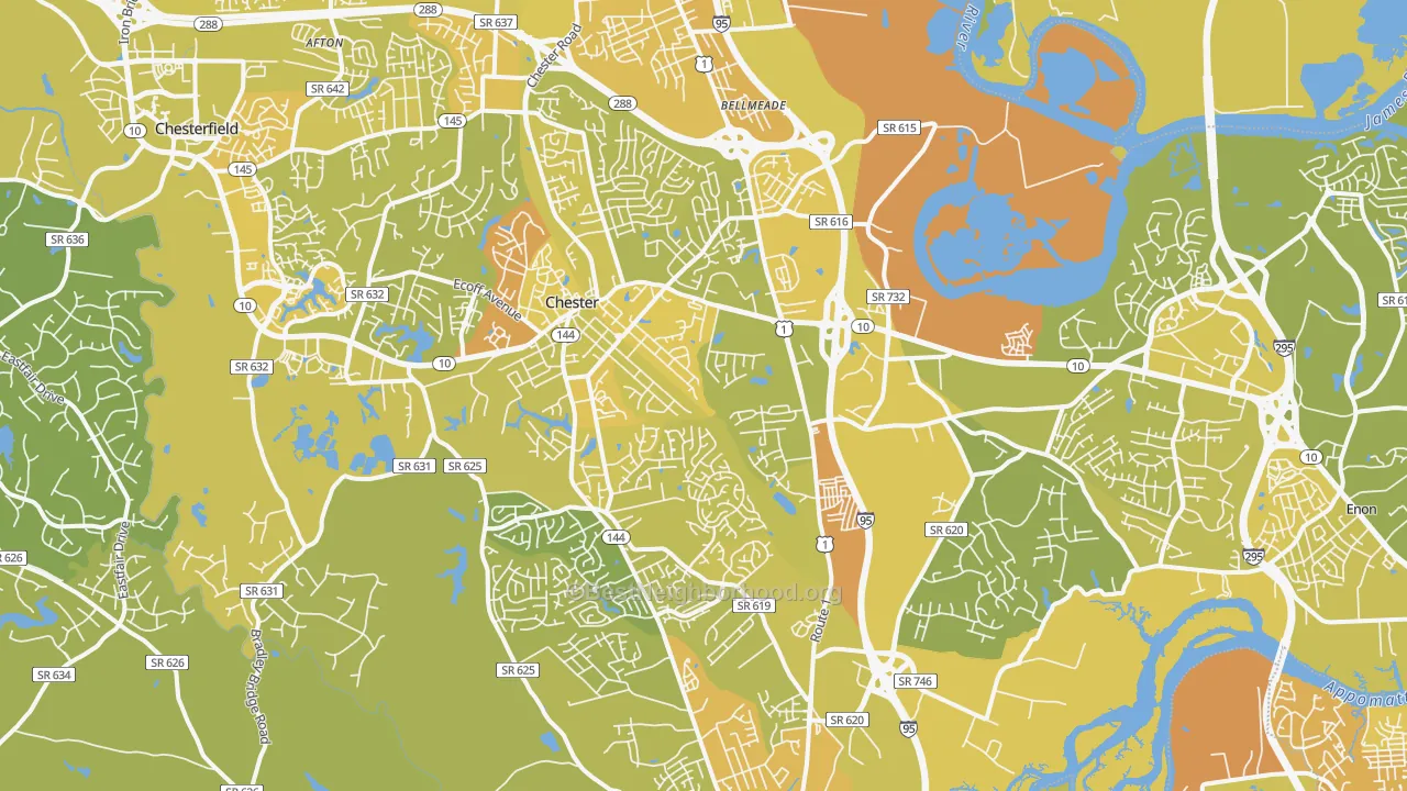 Map of the best neighborhoods in the Chester area, with better matches in green and worse matches in red