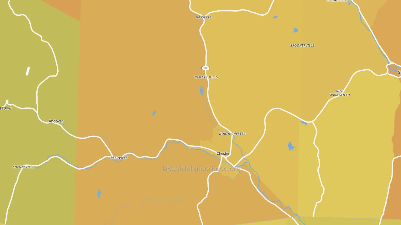Map of the best neighborhoods in the Chester area, with better matches in green and worse matches in red
