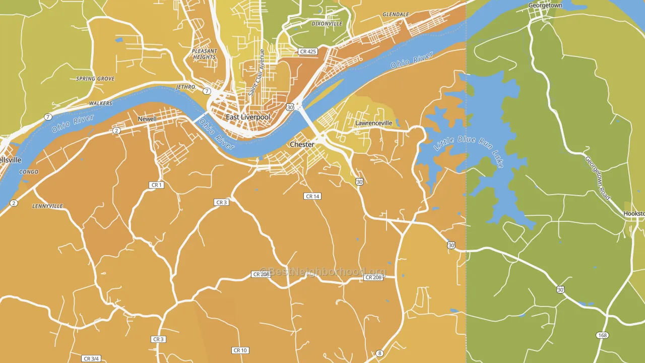 Map of the best neighborhoods in the Chester area, with better matches in green and worse matches in red