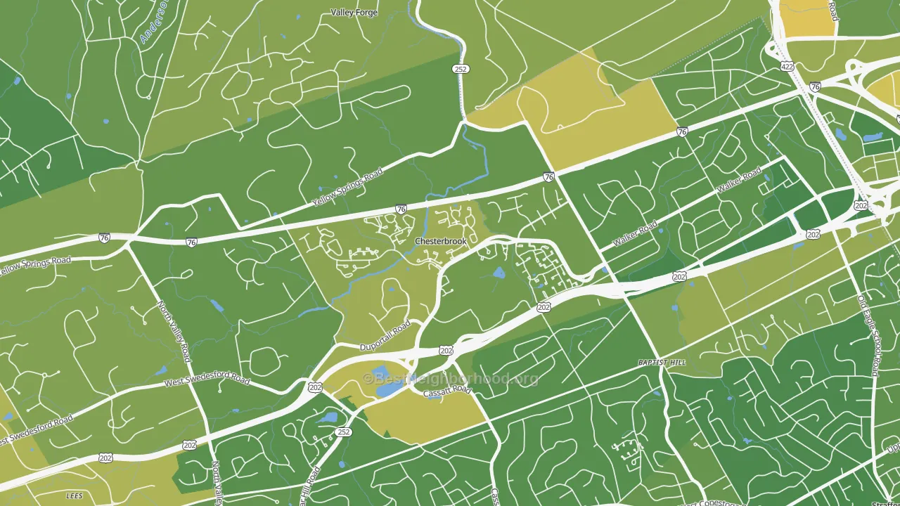 Map of the best neighborhoods in the Chesterbrook area, with better matches in green and worse matches in red