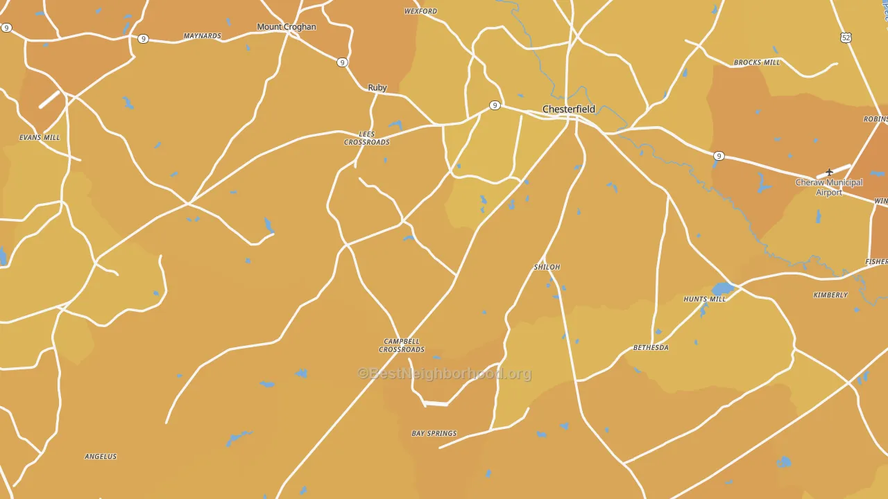 Map of the best neighborhoods in the Chesterfield County area, with better matches in green and worse matches in red