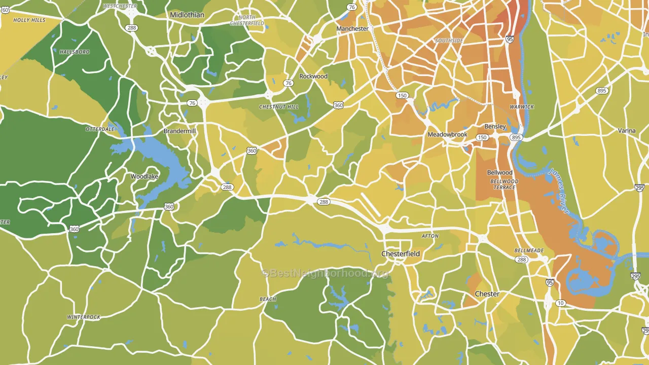 Map of the best neighborhoods in the Chesterfield County area, with better matches in green and worse matches in red