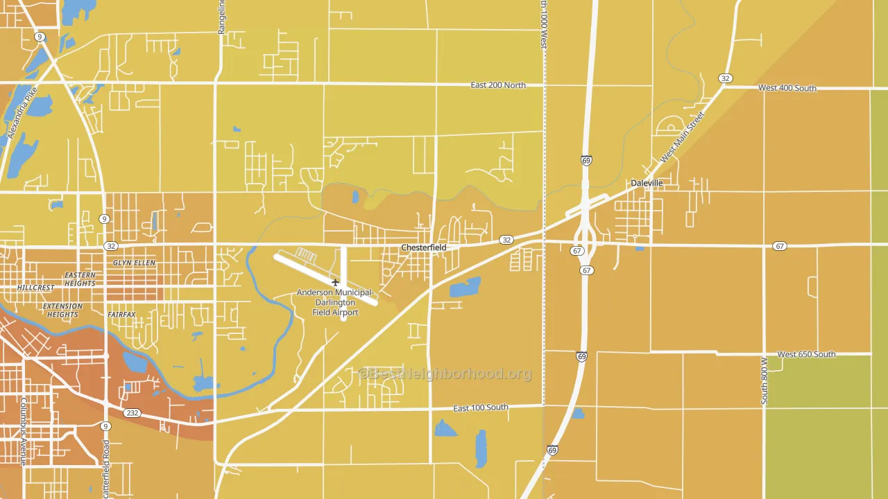 Map of the best neighborhoods in the Chesterfield area, with better matches in green and worse matches in red