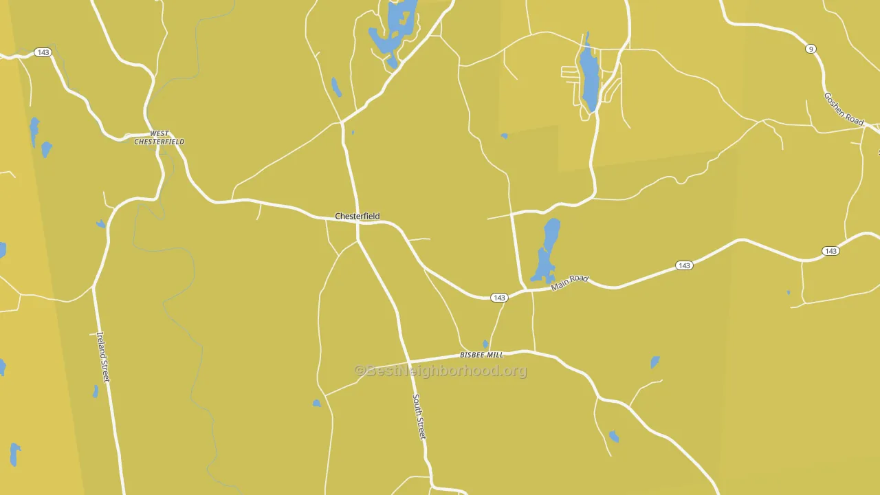 Map of the best neighborhoods in the Chesterfield area, with better matches in green and worse matches in red
