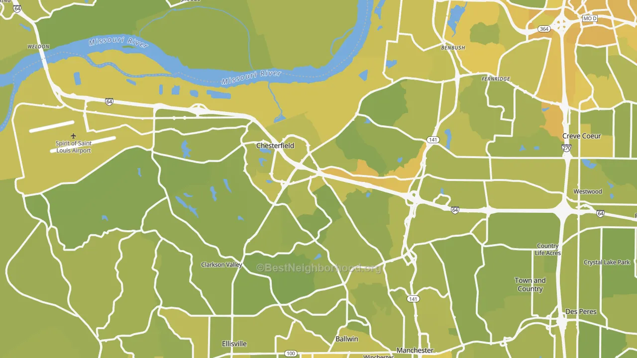 Map of the best neighborhoods in the Chesterfield area, with better matches in green and worse matches in red