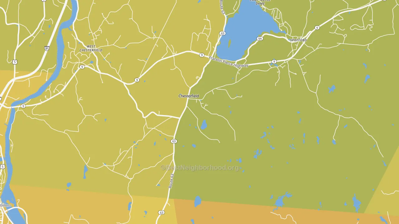 Map of the best neighborhoods in the Chesterfield area, with better matches in green and worse matches in red