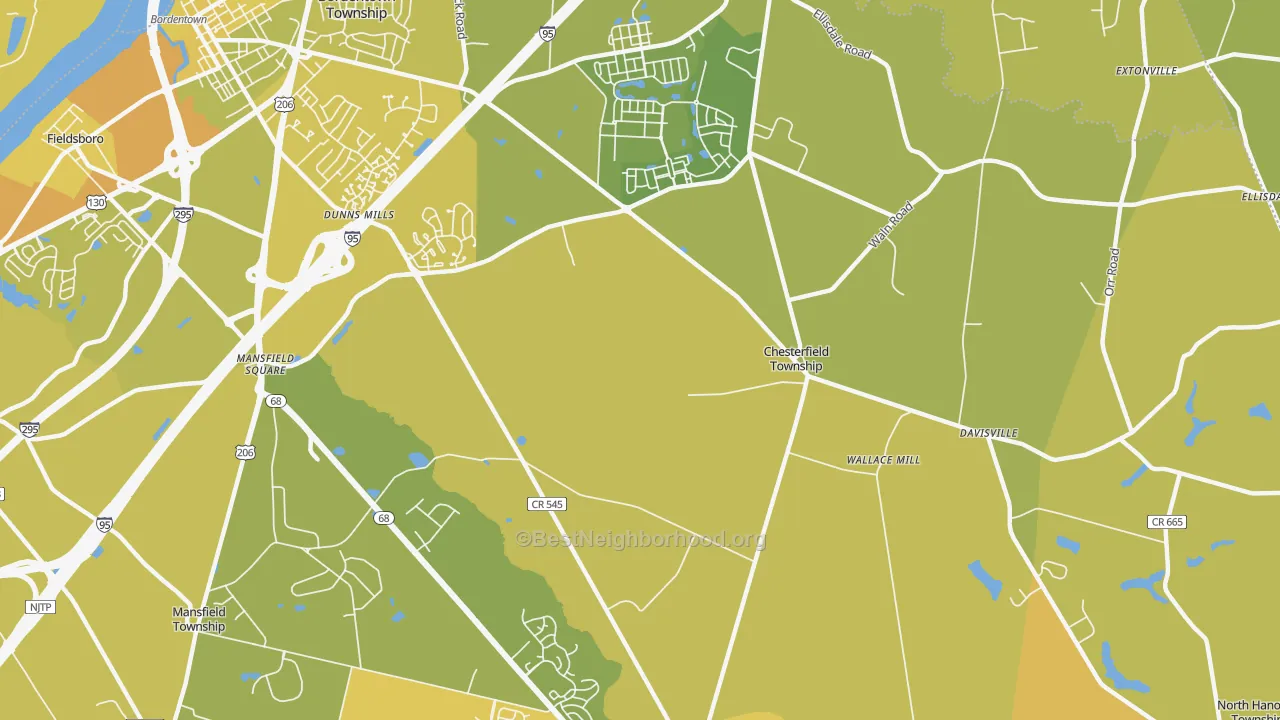 Map of the best neighborhoods in the Chesterfield area, with better matches in green and worse matches in red