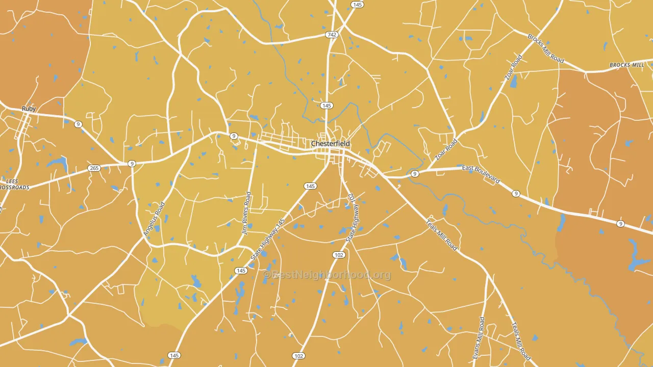 Map of the best neighborhoods in the Chesterfield area, with better matches in green and worse matches in red