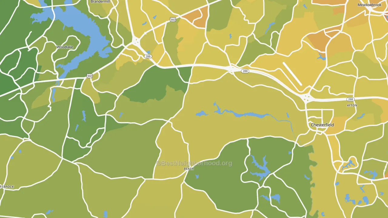 Map of the best neighborhoods in the Chesterfield area, with better matches in green and worse matches in red