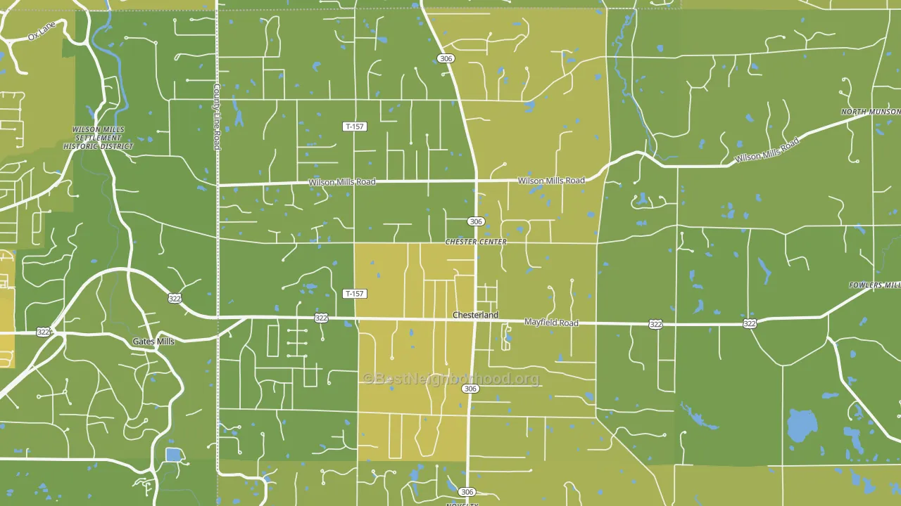 Map of the best neighborhoods in the Chesterland area, with better matches in green and worse matches in red