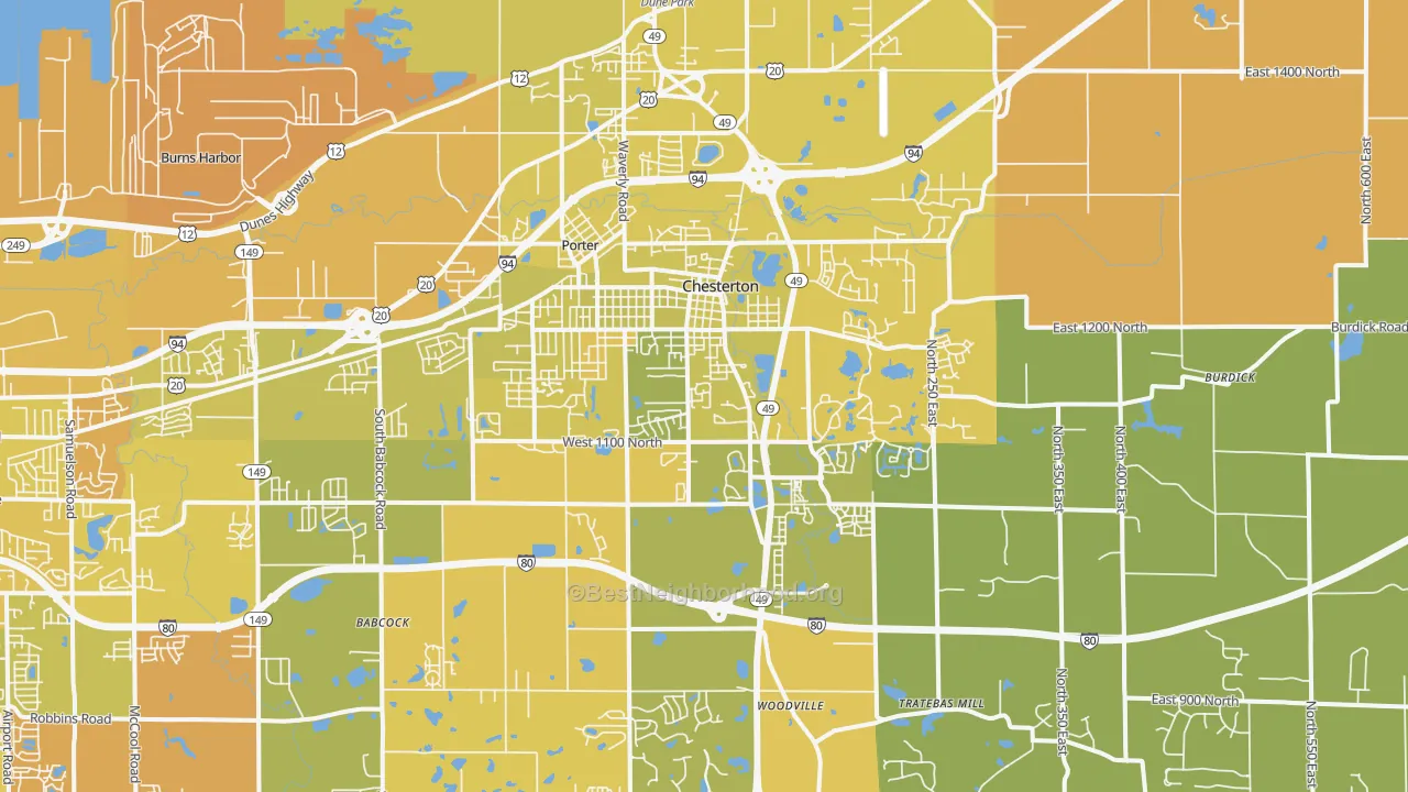 Map of the best neighborhoods in the Chesterton area, with better matches in green and worse matches in red