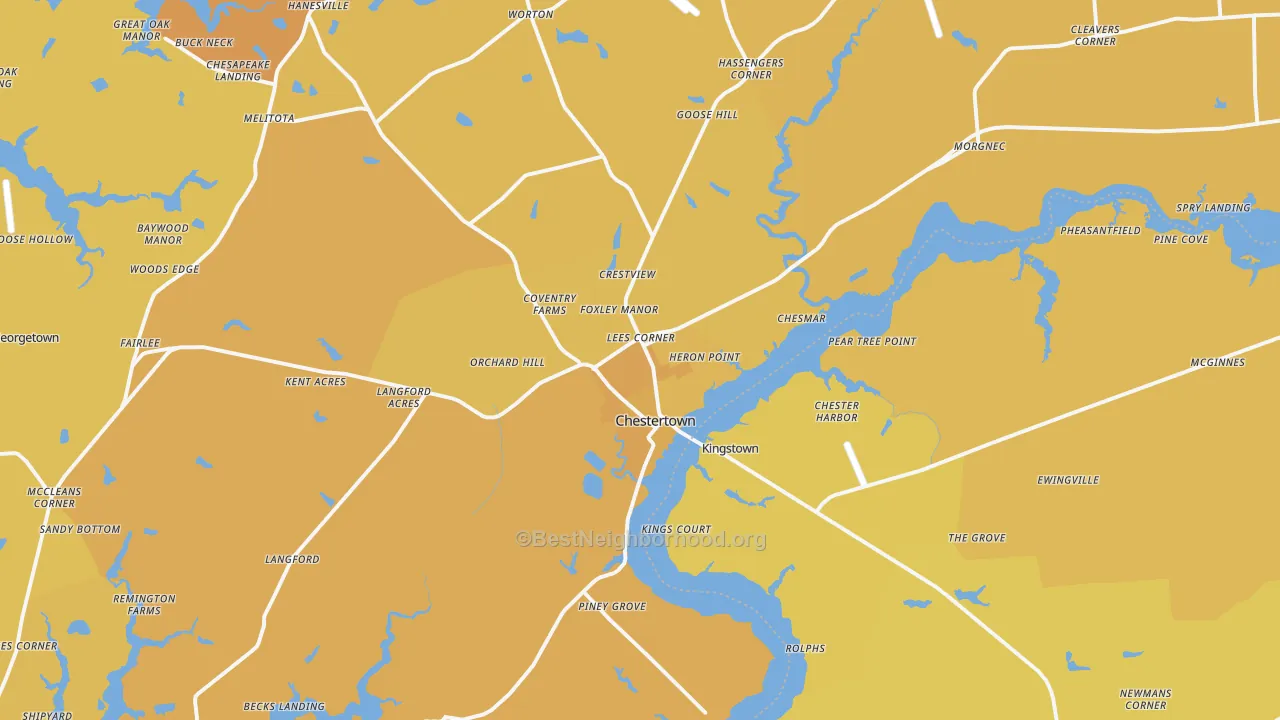 Map of the best neighborhoods in the Chestertown area, with better matches in green and worse matches in red