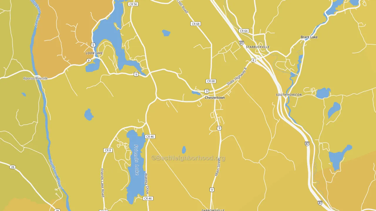 Map of the best neighborhoods in the Chestertown area, with better matches in green and worse matches in red