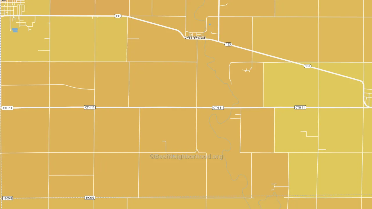 Map of the best neighborhoods in the Chesterville area, with better matches in green and worse matches in red