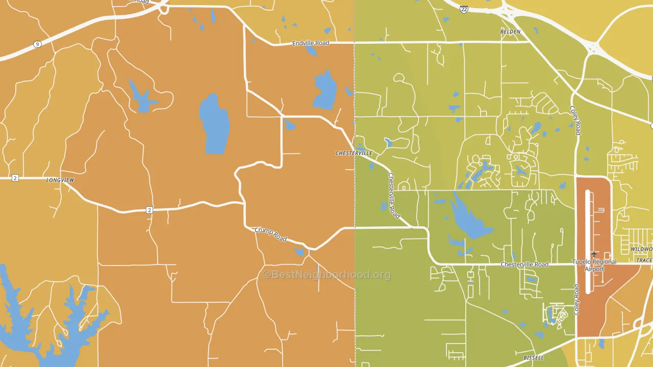 Map of the best neighborhoods in the Chesterville area, with better matches in green and worse matches in red
