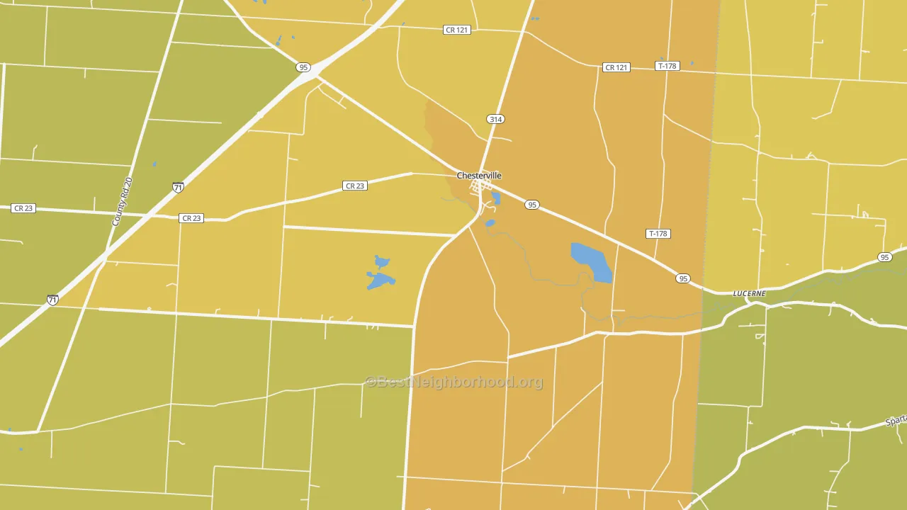 Map of the best neighborhoods in the Chesterville area, with better matches in green and worse matches in red