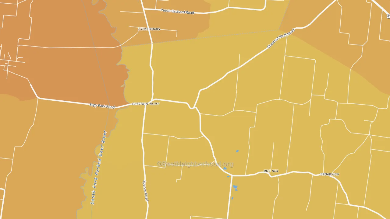 Map of the best neighborhoods in the Chestnut Bluff area, with better matches in green and worse matches in red
