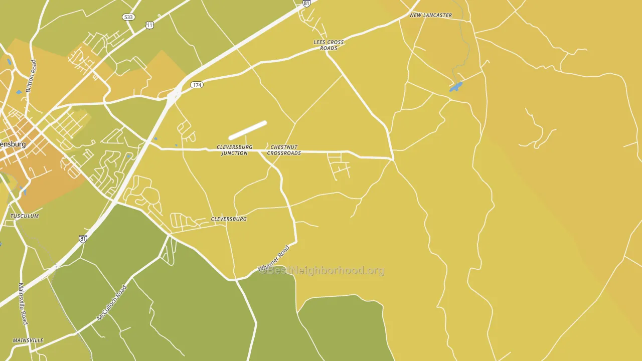 Map of the best neighborhoods in the Chestnut Crossroads area, with better matches in green and worse matches in red