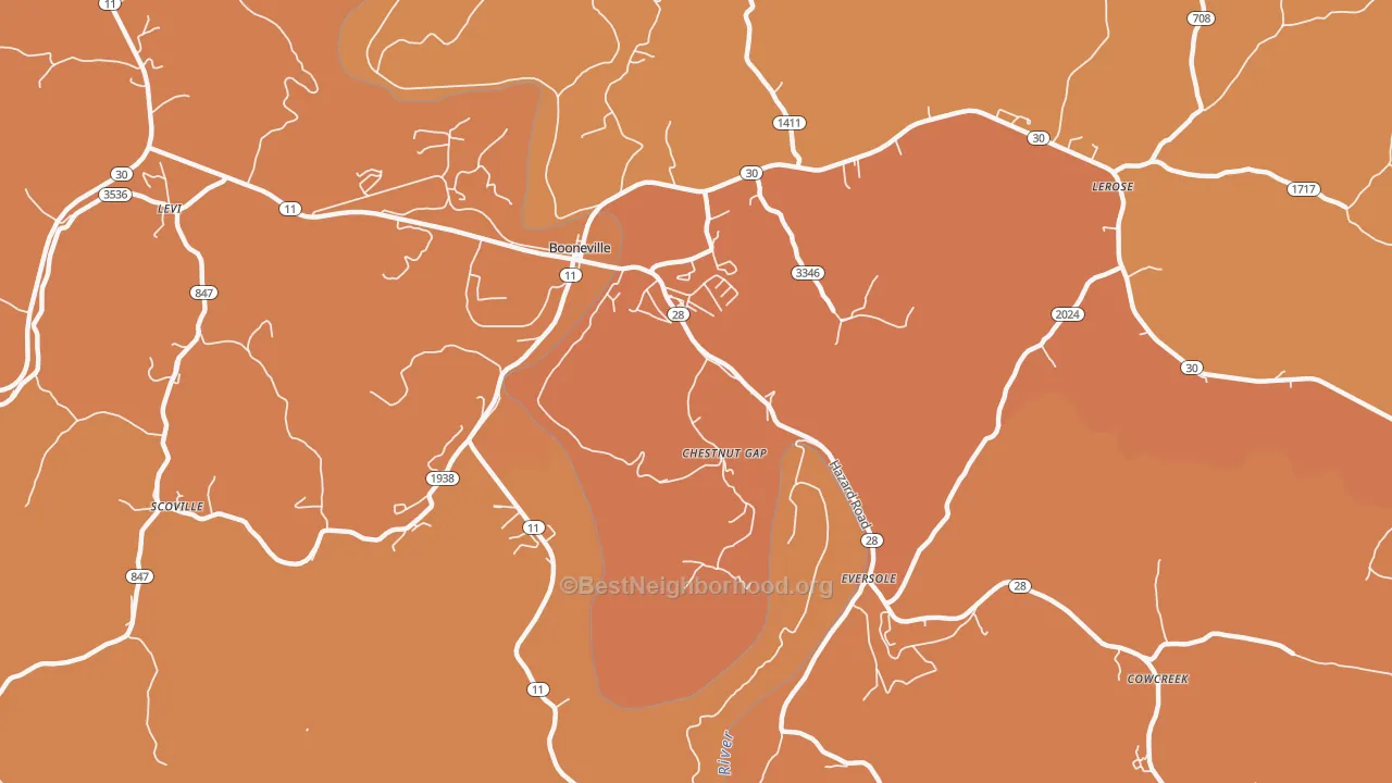 Map of the best neighborhoods in the Chestnut Gap area, with better matches in green and worse matches in red