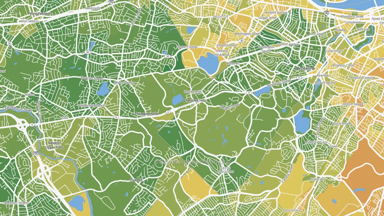 Map of the best neighborhoods in the Chestnut Hill area, with better matches in green and worse matches in red