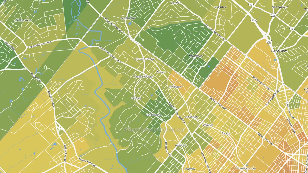 Map of the best neighborhoods in the Chestnut Hill, Philadelphia area, with better matches in green and worse matches in red