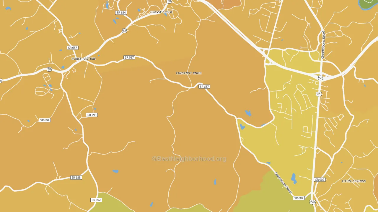 Map of the best neighborhoods in the Chestnut Knob area, with better matches in green and worse matches in red