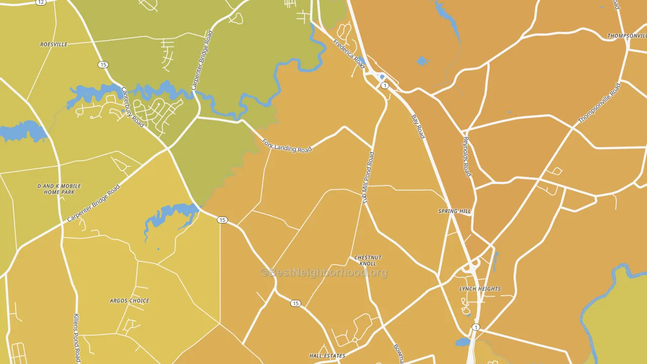 Map of the best neighborhoods in the Chestnut Knoll area, with better matches in green and worse matches in red