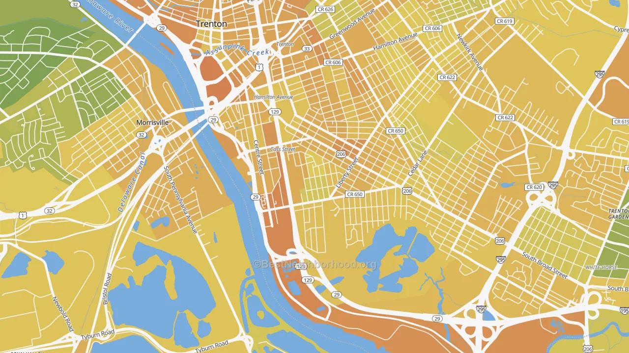 Map of the best neighborhoods in the Chestnut Park, Trenton area, with better matches in green and worse matches in red