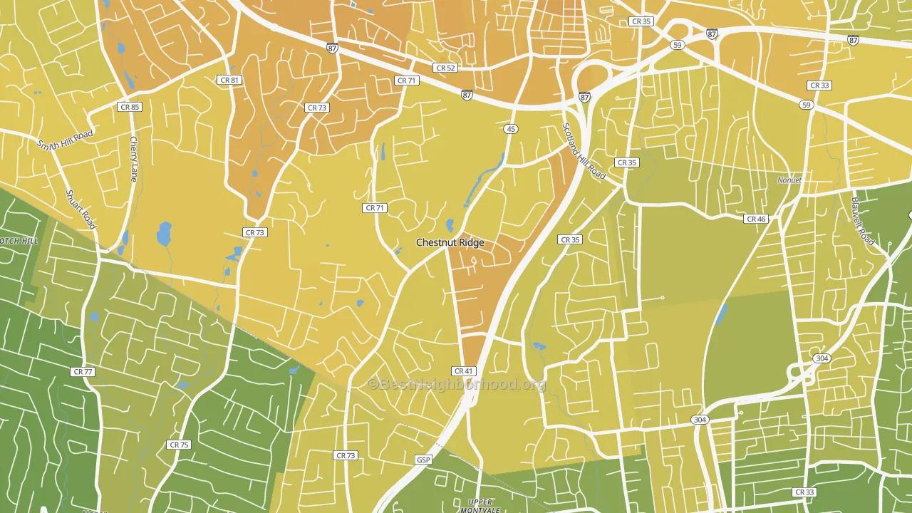 Map of the best neighborhoods in the Chestnut Ridge area, with better matches in green and worse matches in red