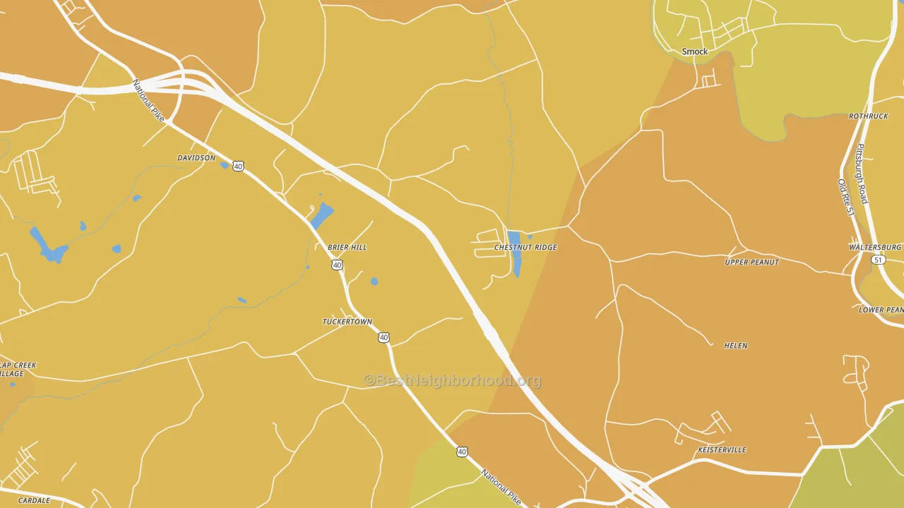 Map of the best neighborhoods in the Chestnut Ridge area, with better matches in green and worse matches in red