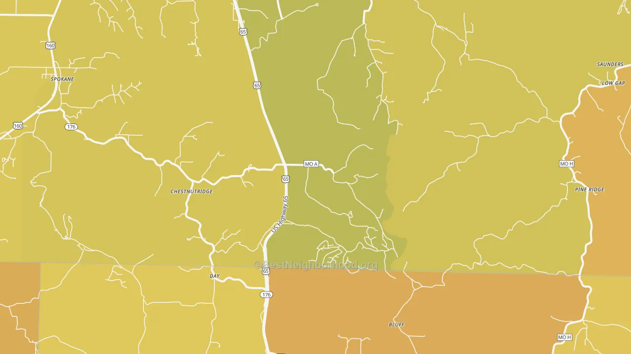 Map of the best neighborhoods in the Chestnutridge area, with better matches in green and worse matches in red