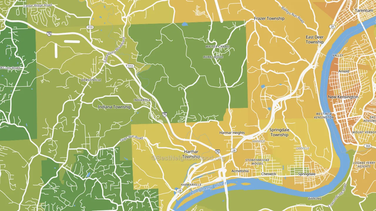 Map of the best neighborhoods in the Cheswick area, with better matches in green and worse matches in red