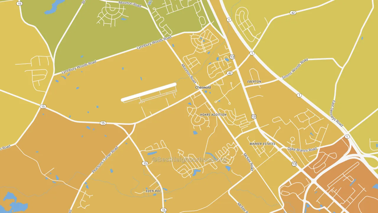 Map of the best neighborhoods in the Cheswold area, with better matches in green and worse matches in red