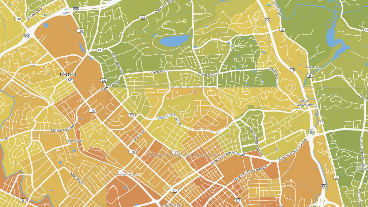 Map of the best neighborhoods in the Cheswolde, Baltimore area, with better matches in green and worse matches in red